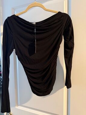 zeagoo Black Ruched Long Sleeve Boatneck Top